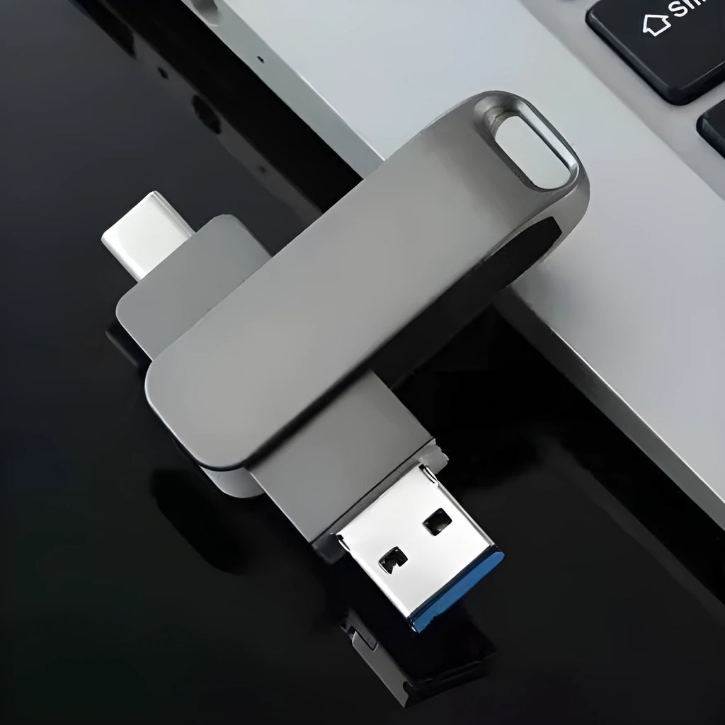 Rotating metal USB flash drive in black showing both USB connector and Type-C interface