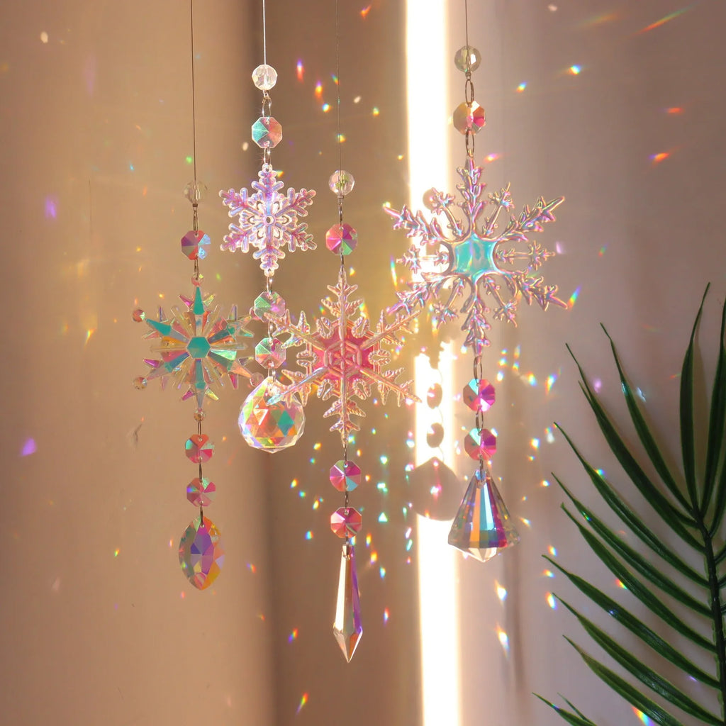 AB colour acrylic snowflake Christmas tree decoration dreamcatcher with hanger, large 9cm and small 4.5cm sizes