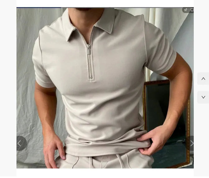 Men's short sleeve polo shirt with a digital print pattern, shown in a loose casual fit.