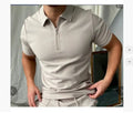 Men's short sleeve polo shirt with a digital print pattern, shown in a loose casual fit.