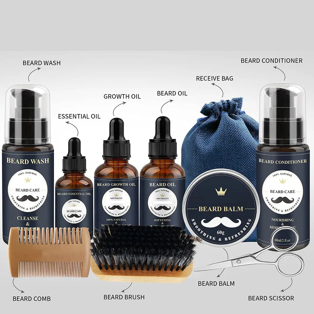 Beard grooming kit with peach wood tools, scissors, comb, brush, and balsam in a set.