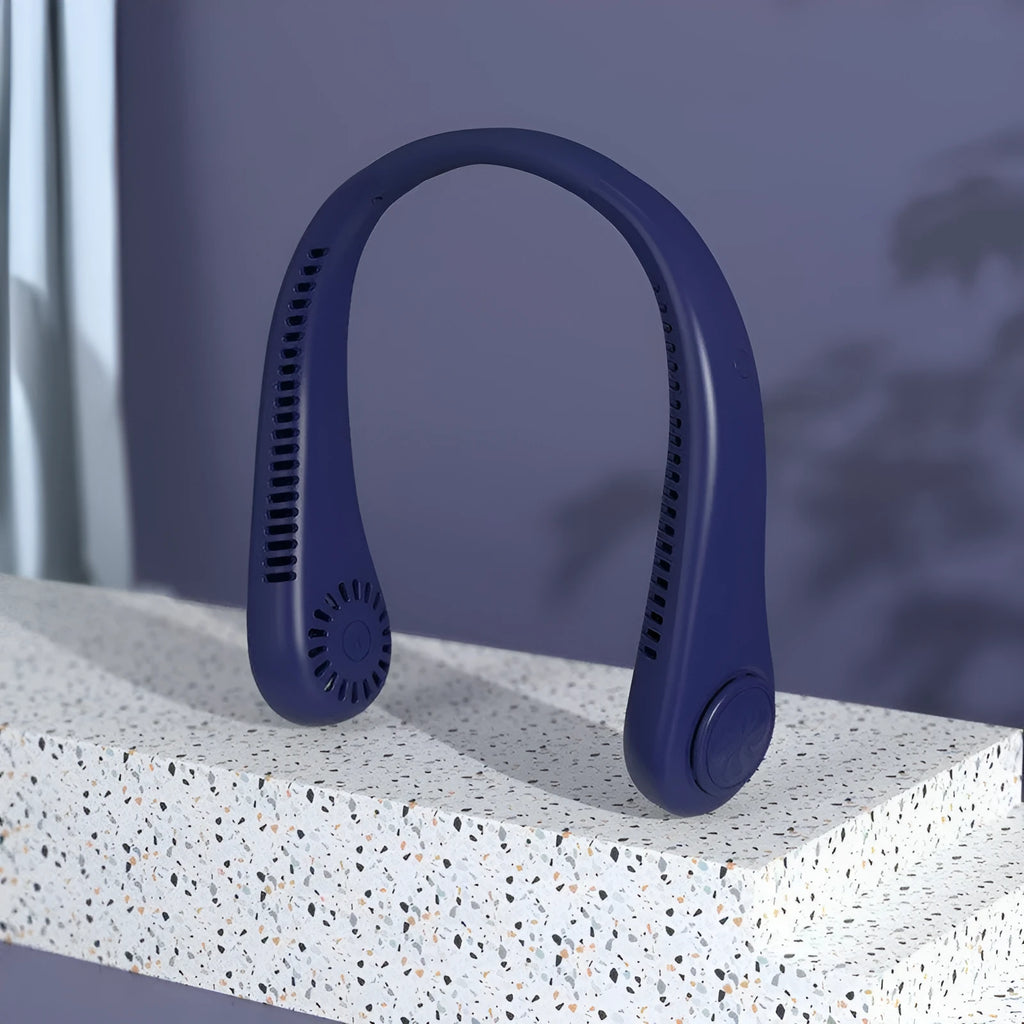 Blue bladeless USB rechargeable neck fan hanging on a person, showing the flexible neckband.