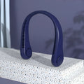 Blue bladeless USB rechargeable neck fan hanging on a person, showing the flexible neckband.