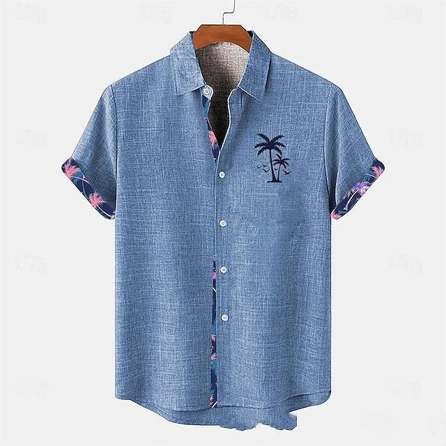 A loose-fit linen short-sleeve shirt with a blue and white ocean fish pattern, laid flat.