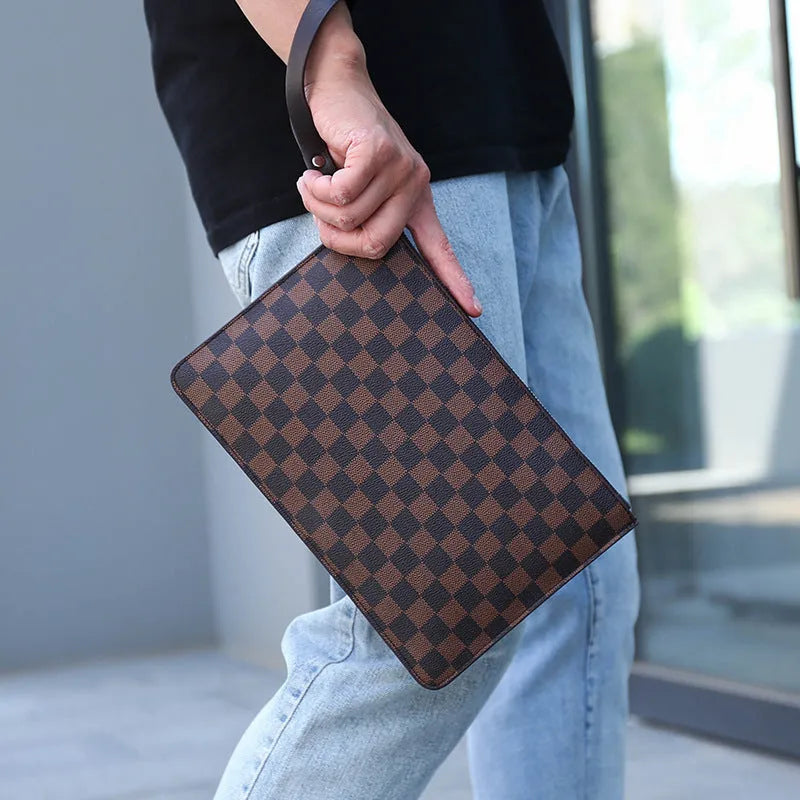 Men's soft black checkered PU leather clutch open to show six card slots and a zippered pocket.