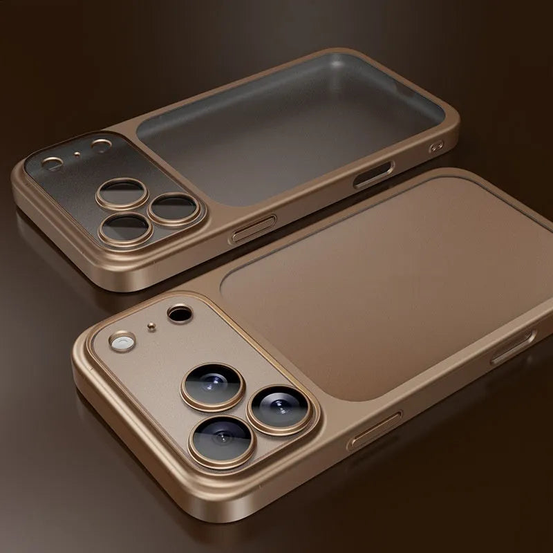 Frosted electroplating iPhone 17 phone case in orange colour, showing front and back views.