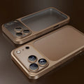 Frosted electroplating iPhone 17 phone case in orange colour, showing front and back views.