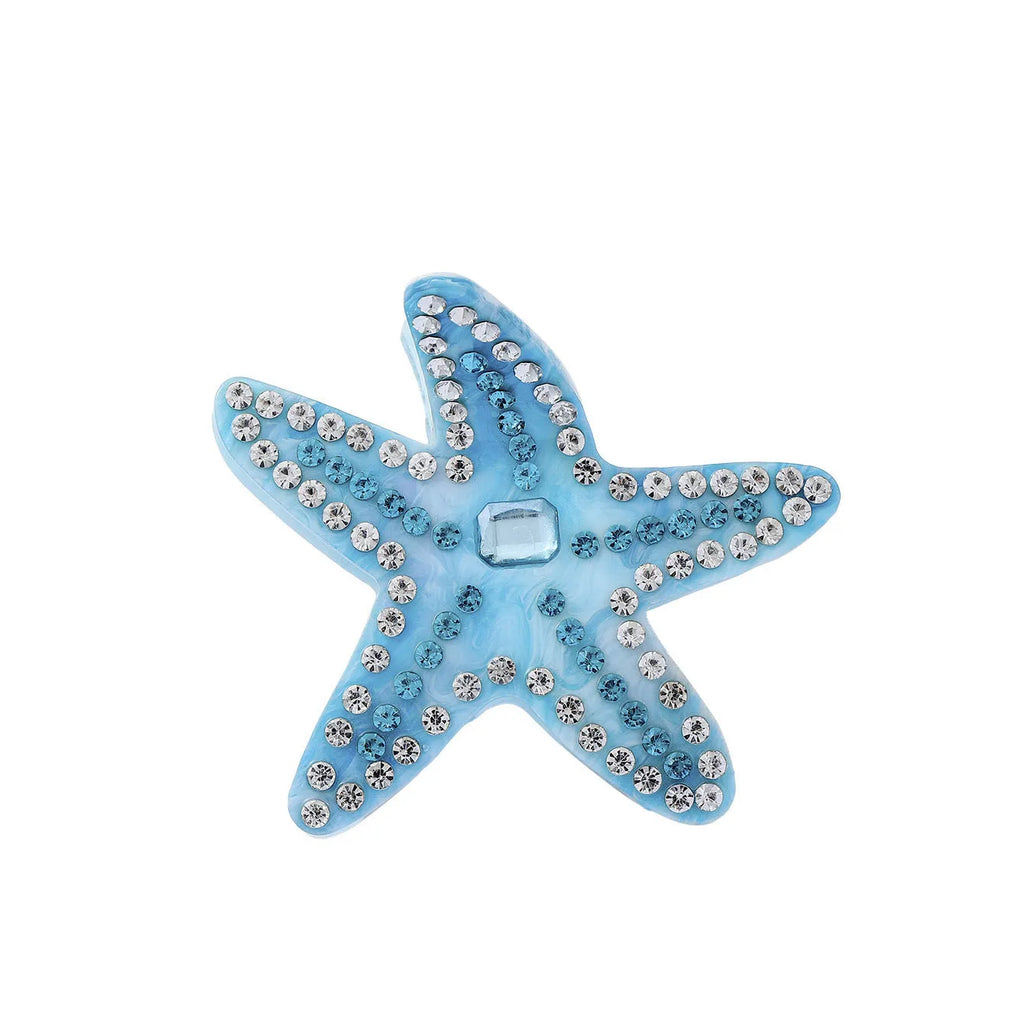 Acrylic starfish diamond encrusted hairpin in blue and pink colours length 8cm