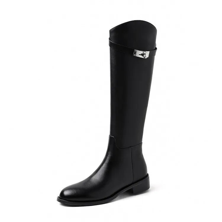 Black cowhide leather lock knight knee-high boots with back zipper and low heel on a neutral background