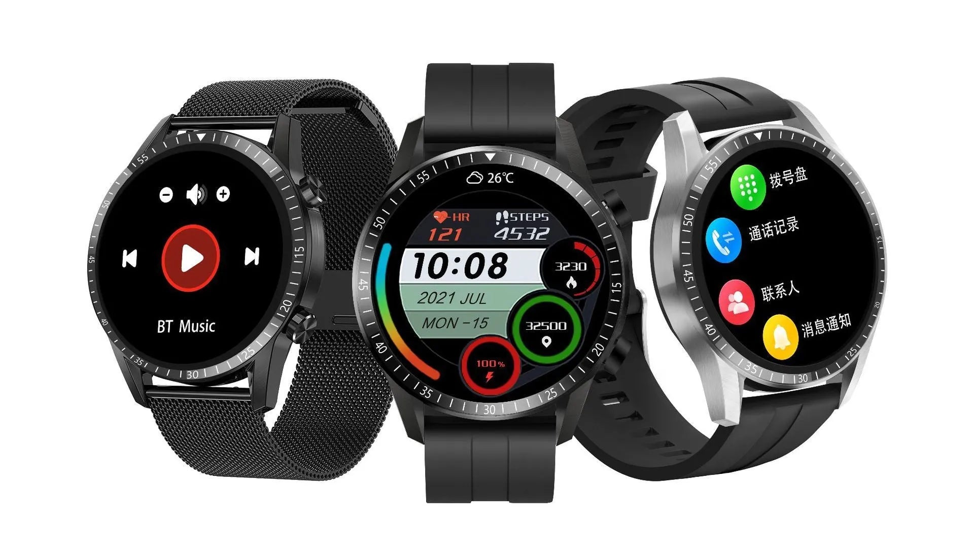 Round aluminium smart watch with Bluetooth calling on a wrist, showing a black watch face.