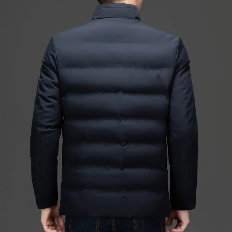 Men's thick business cotton coat in black, beige, and navy blue, polyester fabric, sizes XL to 5XL