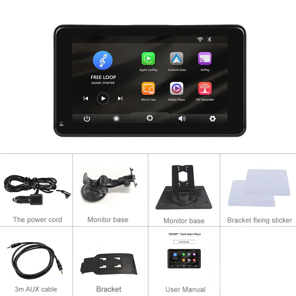 7-inch HD wired car multimedia player with universal mounting supports on a dashboard.