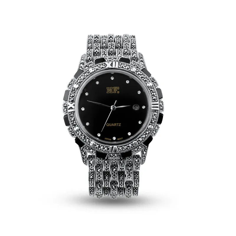 Quartz movement watch with metal bracelet, 41mm round dial, black or white plate, jewellery buckle