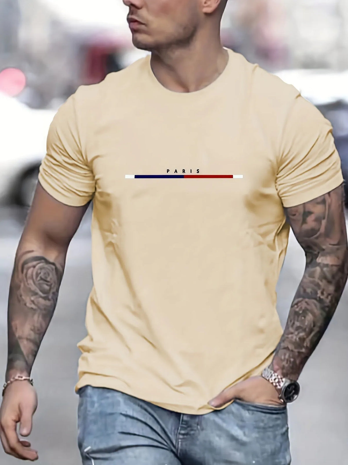 Men's cotton printed T-shirt in unisex style, available in white, black, sky blue, green, and milky white.