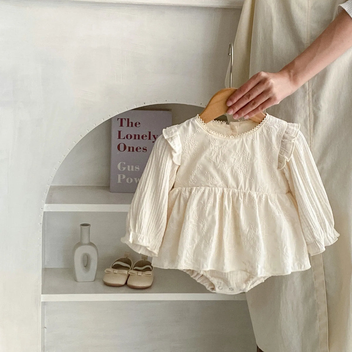 Apricot cotton baby jumpsuit with long sleeves, embroidery and lace, triangle style for spring autumn, sizes 66cm to 90cm