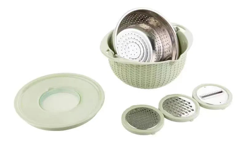 4-in-1 rotating colander set with removable double-layer basket and three stainless steel blades in Nordic beige