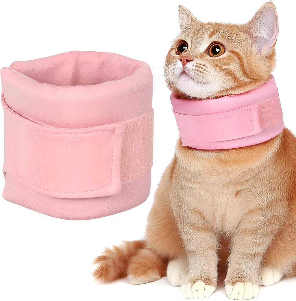 Grey and pink soft fabric recovery cone collars for cats and dogs in four different sizes.