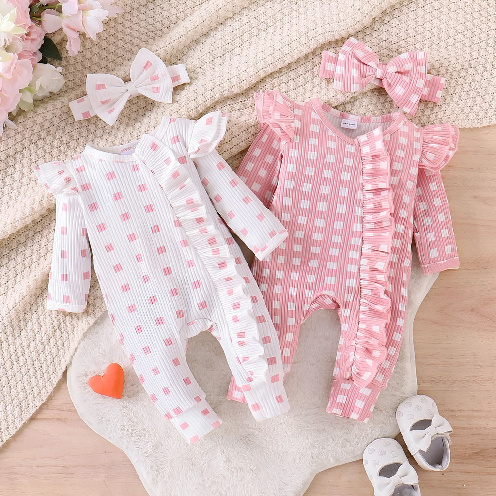 Baby girl plaid long-sleeved cotton romper in white, newborn to 9 months