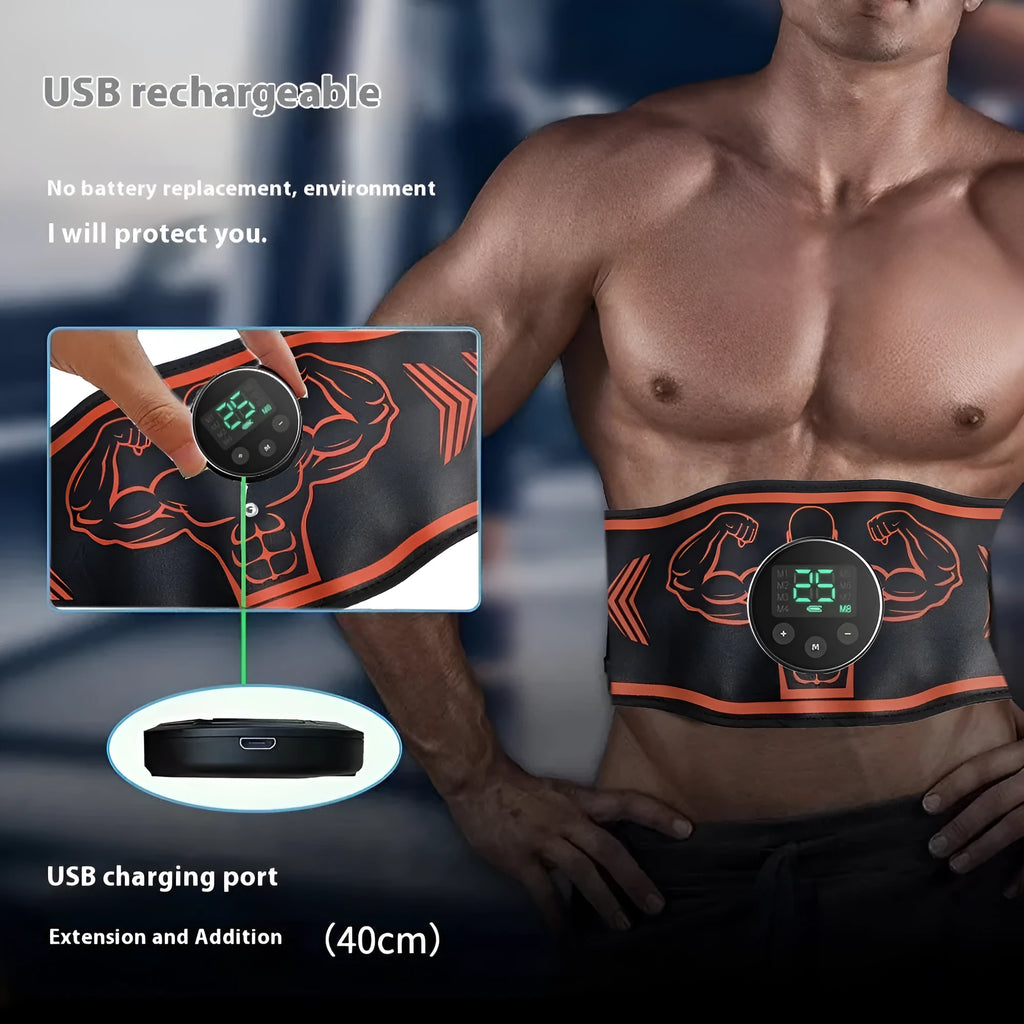 Blue and orange Smart Massage Belt EMS sets showing rechargeable host unit, adjustable fitness belt, and arm muscle stickers.