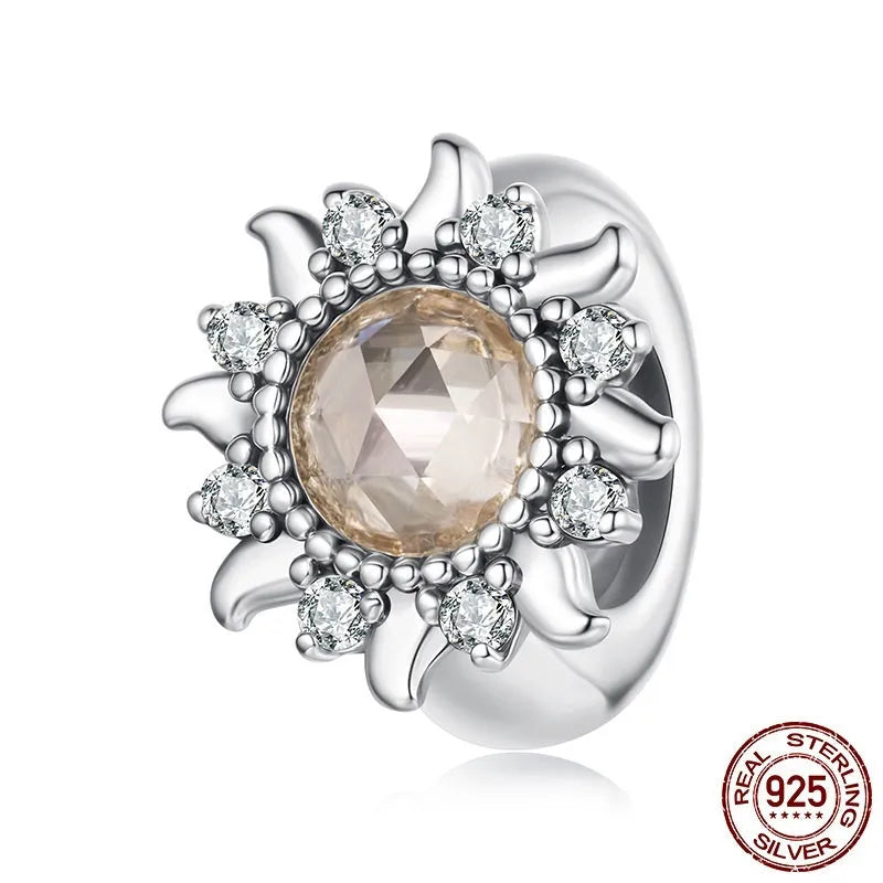 S925 sterling silver sunflower spacer bead with silicone positioning, 0.9cm height and width, 0.45cm aperture, on white background