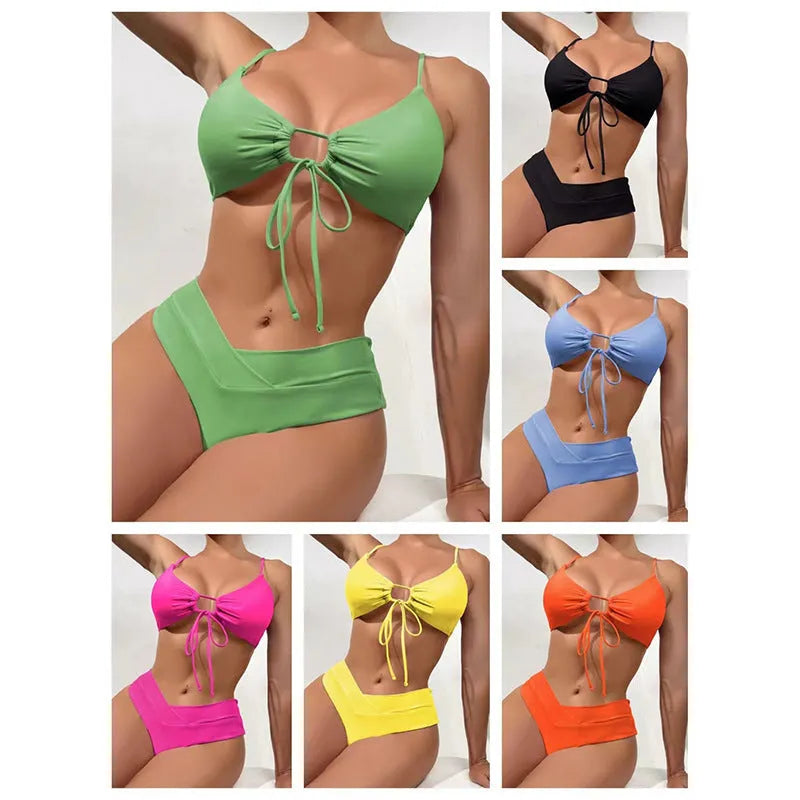 Women's solid colour bikini with a tied bow detail on the split front, shown in multiple colour options.