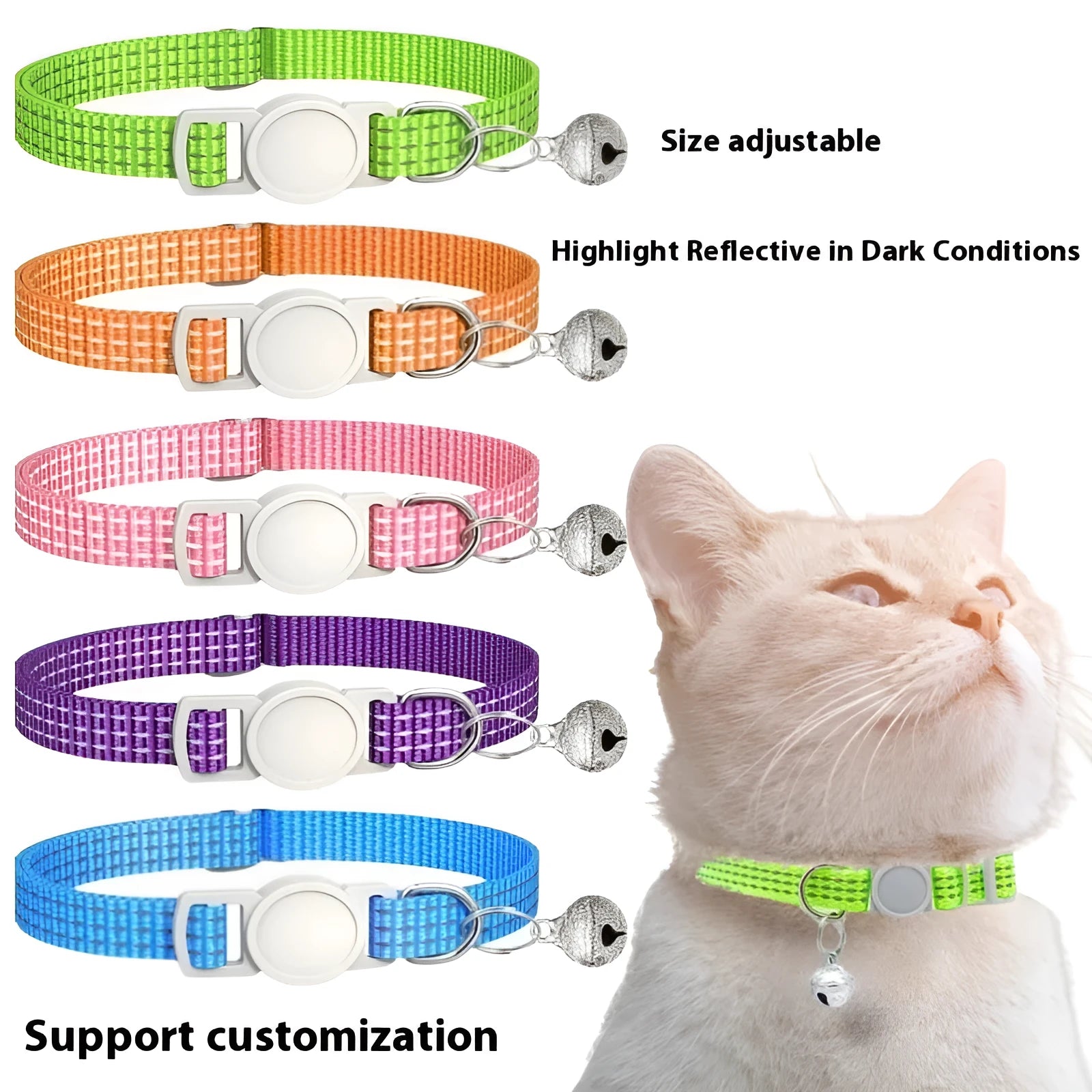 Nylon cat collar with quick-release buckle, 33cm length, available in 8 colours including black and pink
