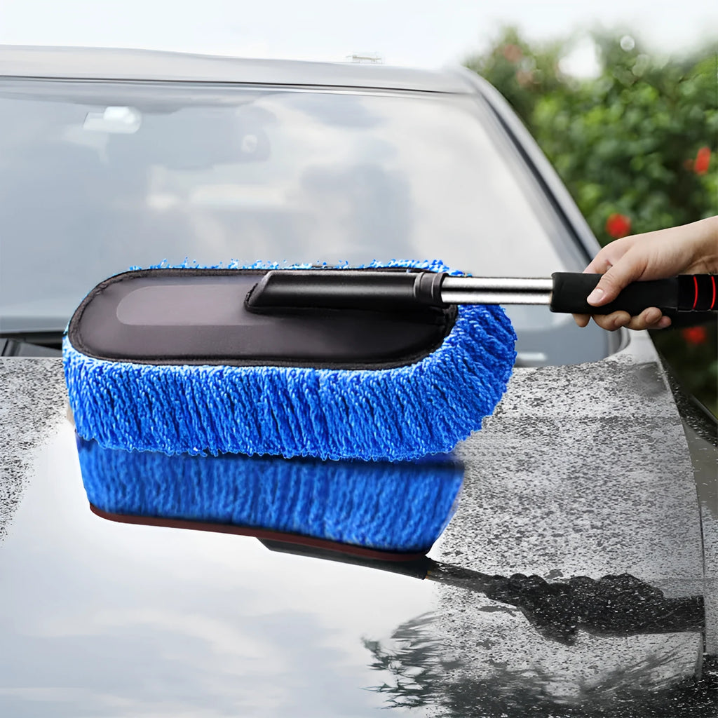 Blue retractable car wash mop with nano fibre head extending from 75cm to 86cm on a car bonnet