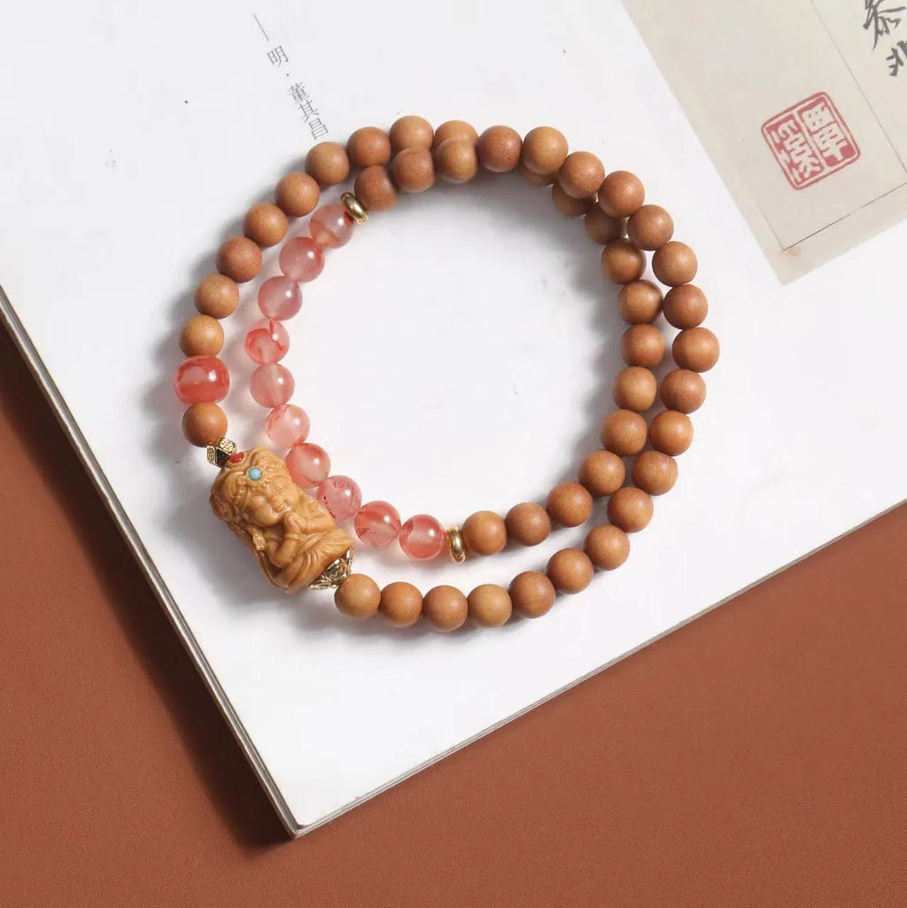 Brown woven wooden bracelet with 6mm round beads featuring South Red Zachilam and double circle design