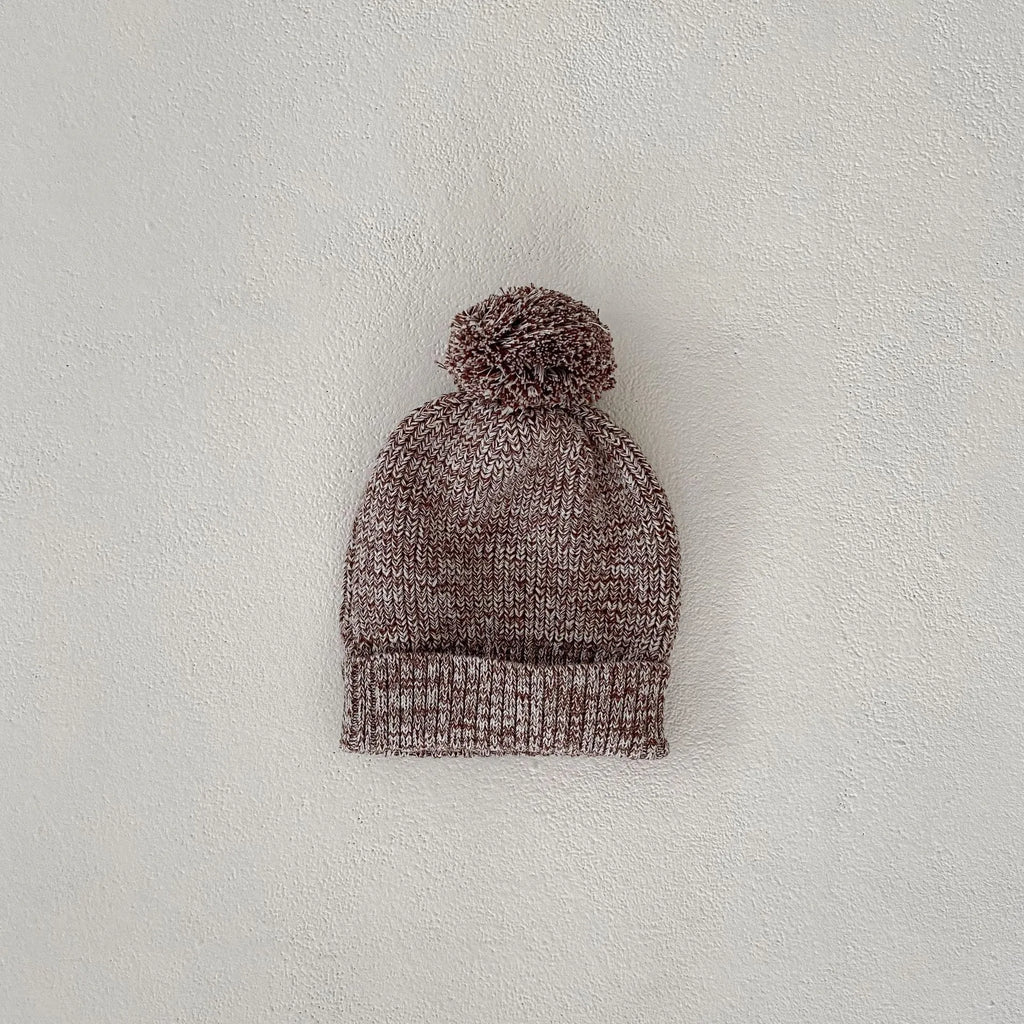 Infant baby girl dark brown cotton three-piece set with blouse, shorts and fur ball knitted hat