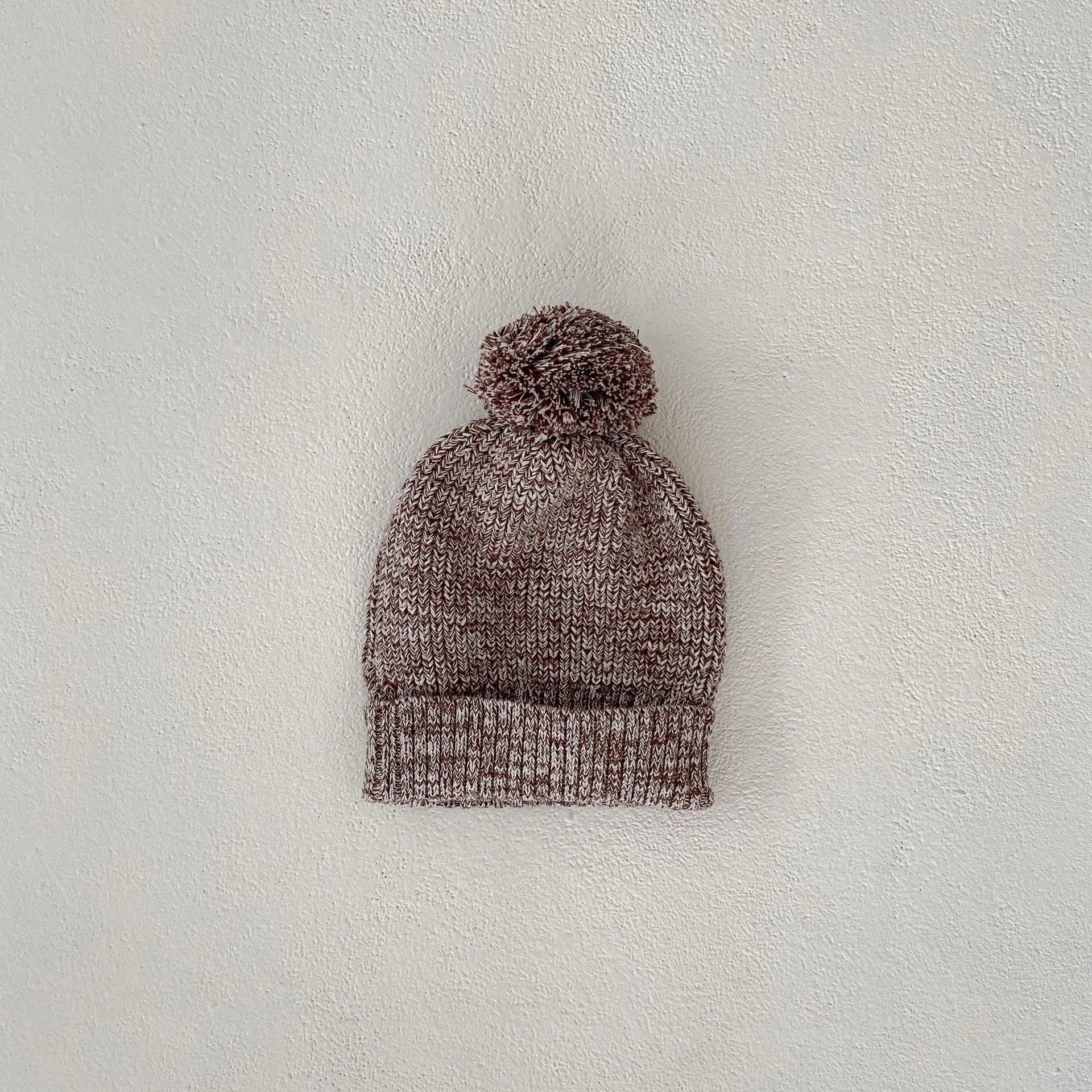 Infant baby girl dark brown cotton three-piece set with blouse, shorts and fur ball knitted hat