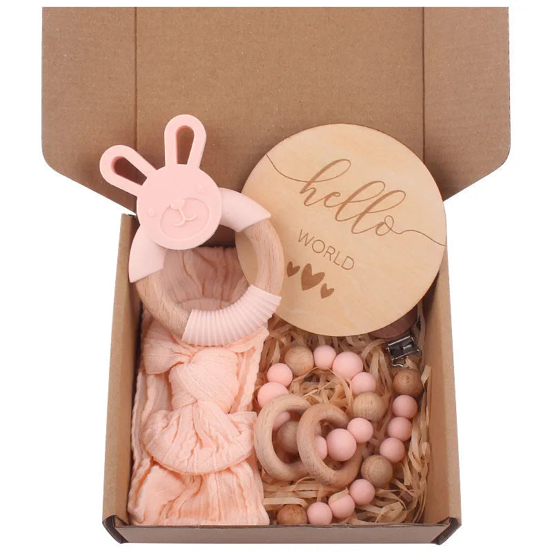 Baby silicone beech wood cotton pacifier clip five-piece set in purple, gray, cyan, peach, and pink