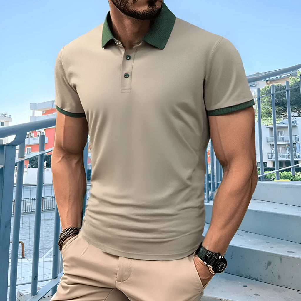 Summer polo shirt in Ice Silk fabric with printed flocking design, shown in multiple colour options