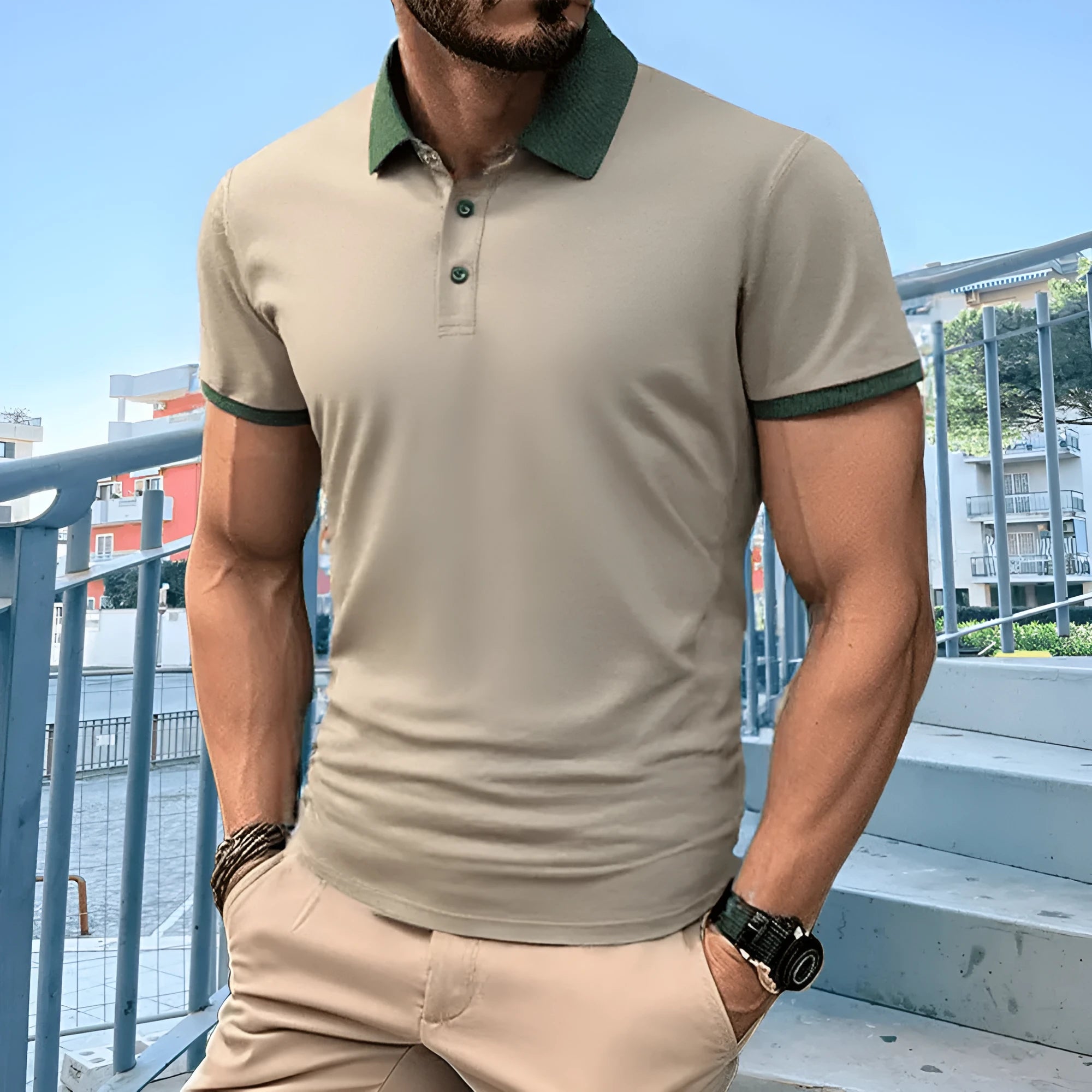 Summer polo shirt in Ice Silk fabric with printed flocking design, shown in multiple colour options
