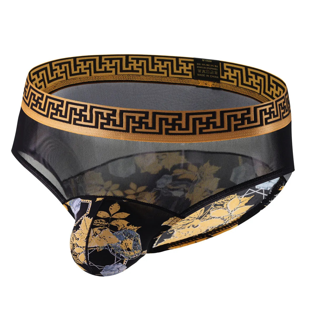 Men's mid waist nylon mesh briefs with floral and maple leaf print, breathable, sizes S-XXL