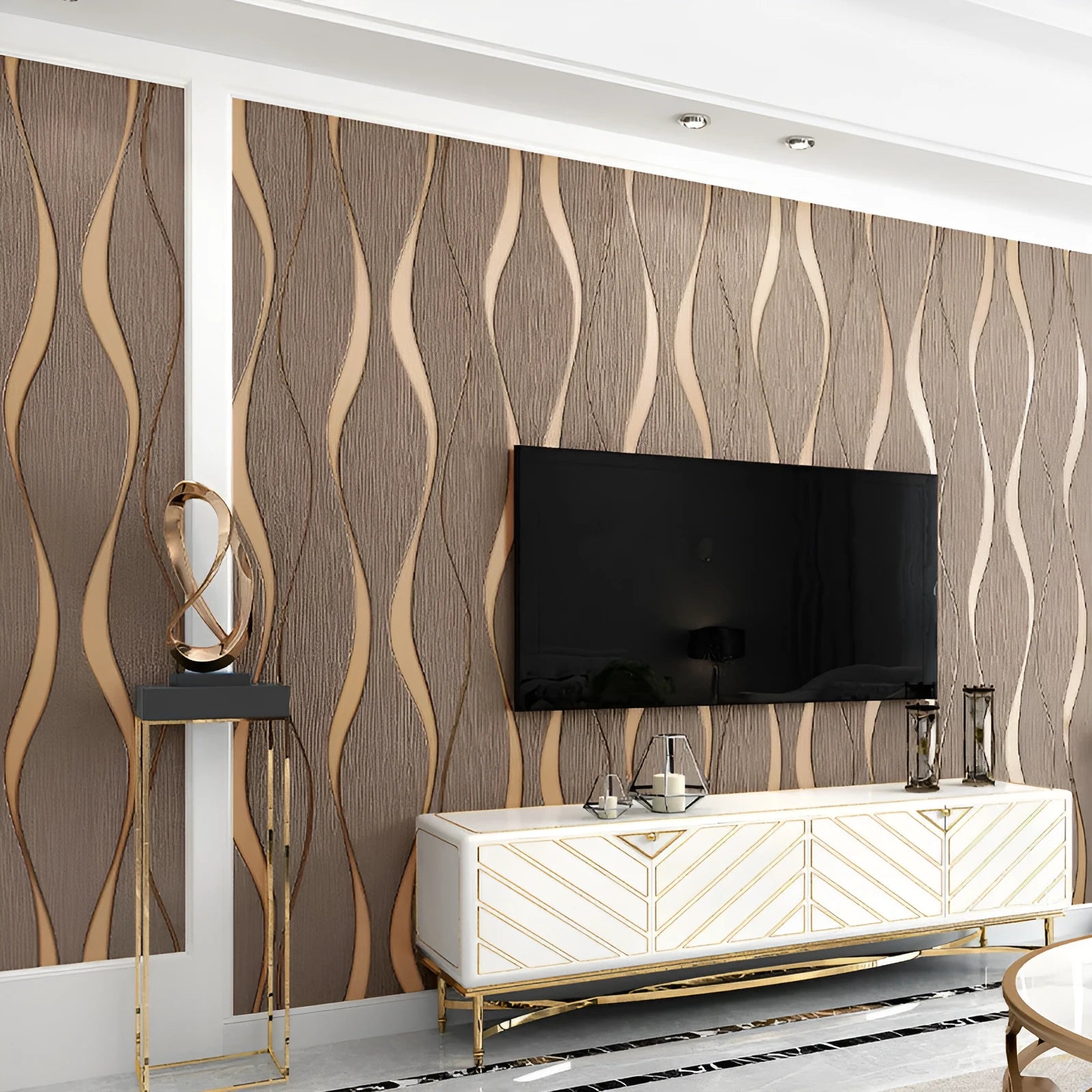 Close-up of light grey 3D curve stripe wallpaper with thick deerskin velvet texture and raised pattern.