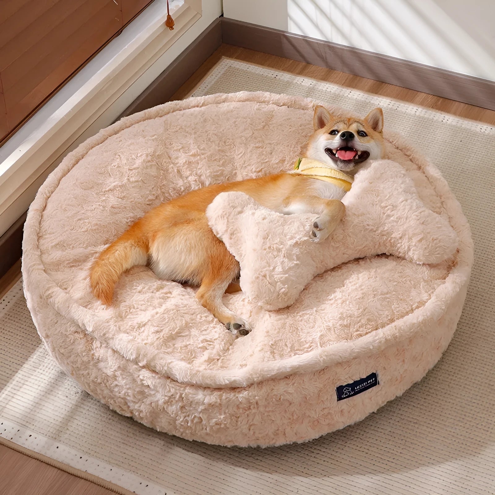 Round cloth pet bed in milk tea colour showing removable washable design for pet hygiene