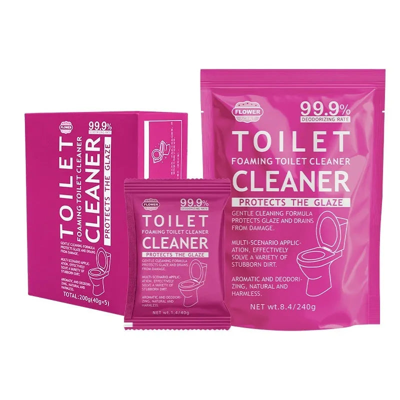 Toilet bubble effervescent cleaning powder in blue ocean and pink floral fragrance packaging options.