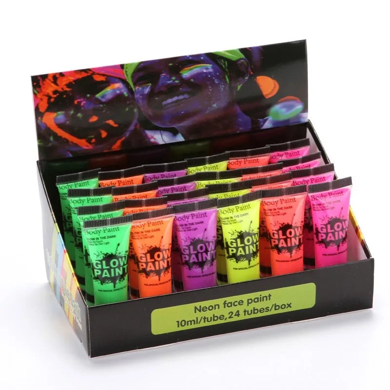 25ml squeeze tube of neon green face and body paint pigment for festivals.