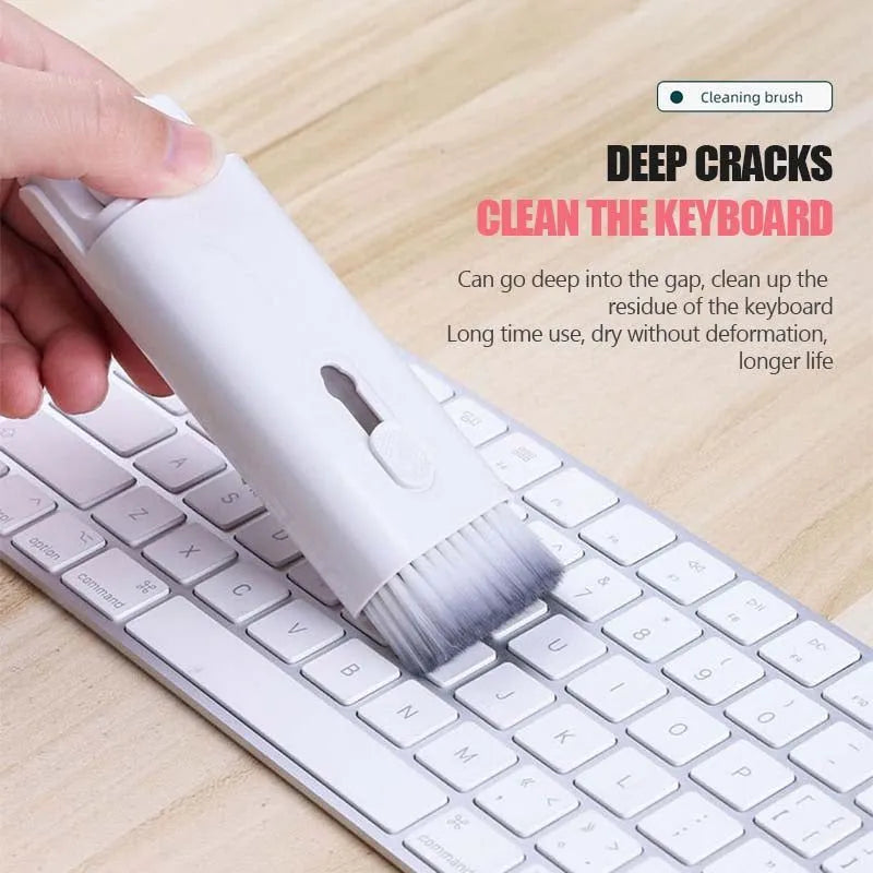 White electronic cleaning kit with cleaning pen, brush, keycap puller and spray bottle for laptops and earbuds