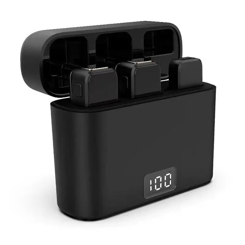 Wireless collar clip microphone with noise reduction, compact 7.7x6.2x2.7 cm, omni-directional pickup, USB 5V input