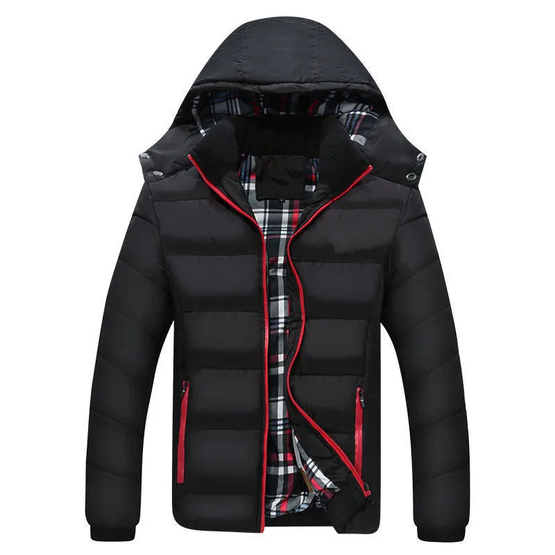 Men's mid-length sports down cotton jacket in red, black or dark blue, sizes L to 6XL, nylon blend cardigan style