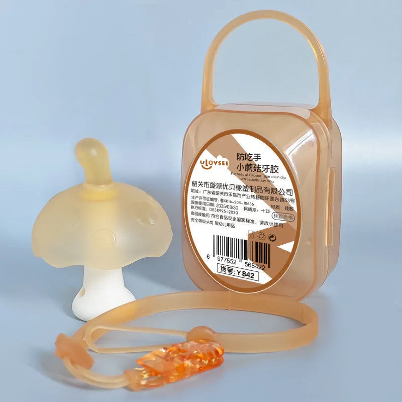Small pink and nano colour mushroom-shaped latex chewing gum with transparent storage box and chain.