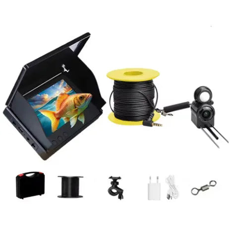 Underwater fish finder camera with 4.3-inch display screen and separate camera unit on a long cable.