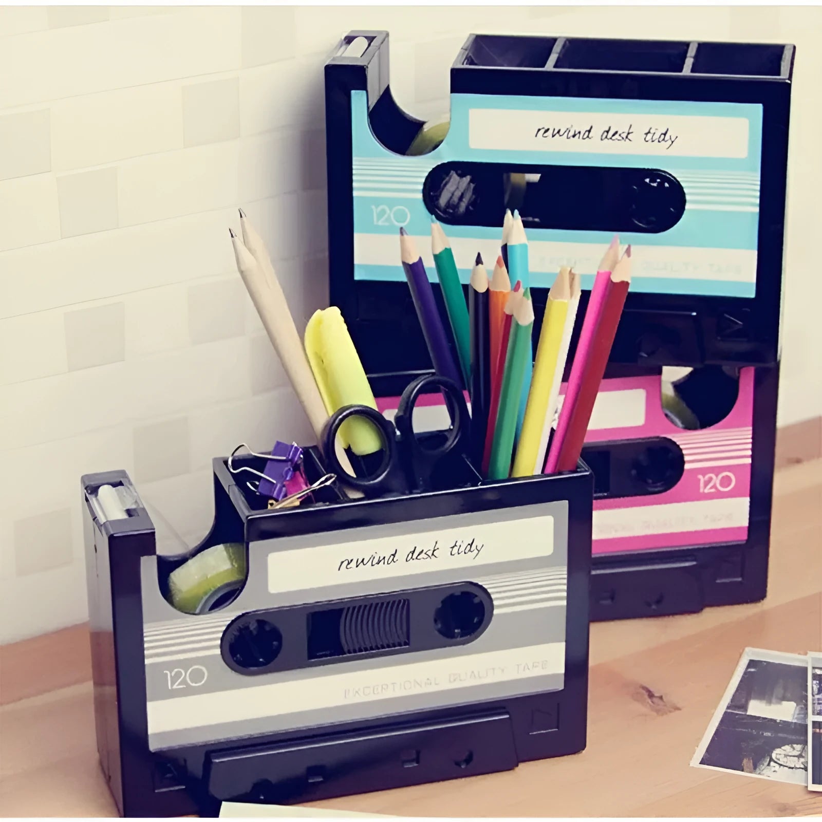 Creative plastic multifunctional pen holder storage box in blue, 17x5x11.5cm, on a desk