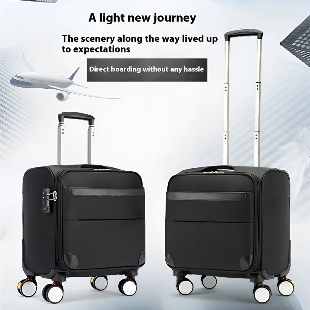 Black 18-inch Oxford cloth carry-on suitcase with retractable handle and four universal wheels.