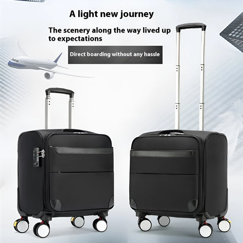 Black 18-inch Oxford cloth carry-on suitcase with retractable handle and four universal wheels.