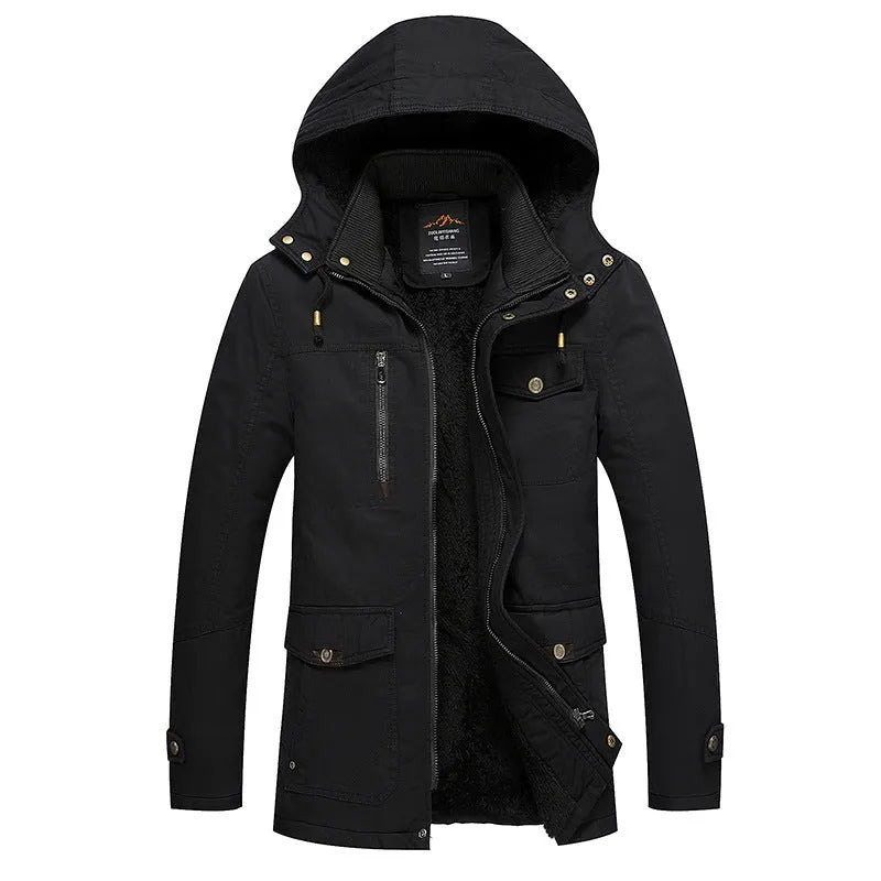 Men's fleece-lined cotton jacket in khaki, black or army green, long sleeve, sizes L to 5XL