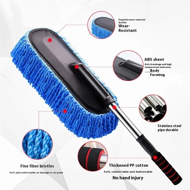 Blue retractable car wash mop with nano fibre head extending from 75cm to 86cm on a car bonnet