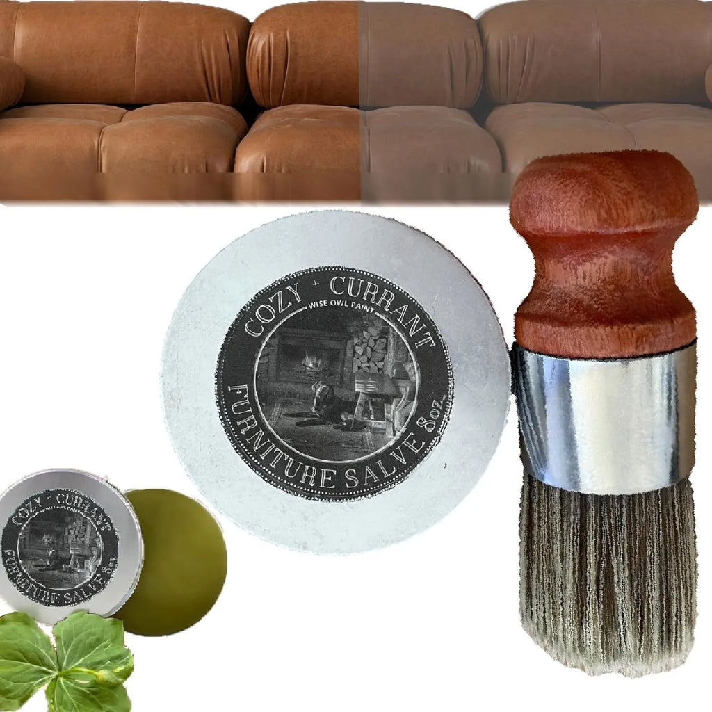 Wise Owl Furniture Salve For Leather with brush and ointment tub in cartoon style