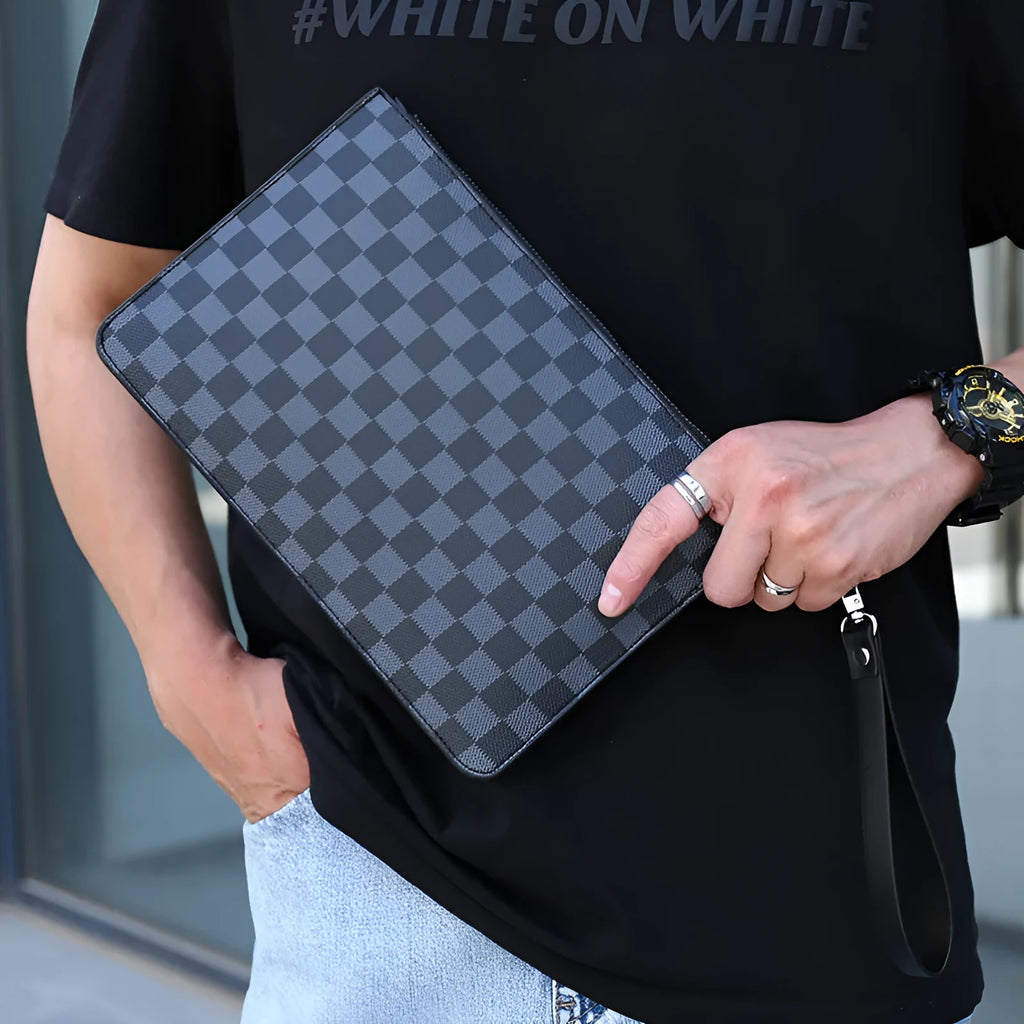 Men's soft black checkered PU leather clutch open to show six card slots and a zippered pocket.